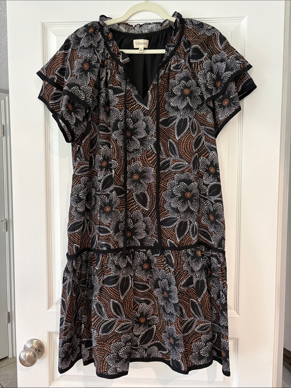 52 Sundays Black Floral Tiered Mini Dress with Brown Accents